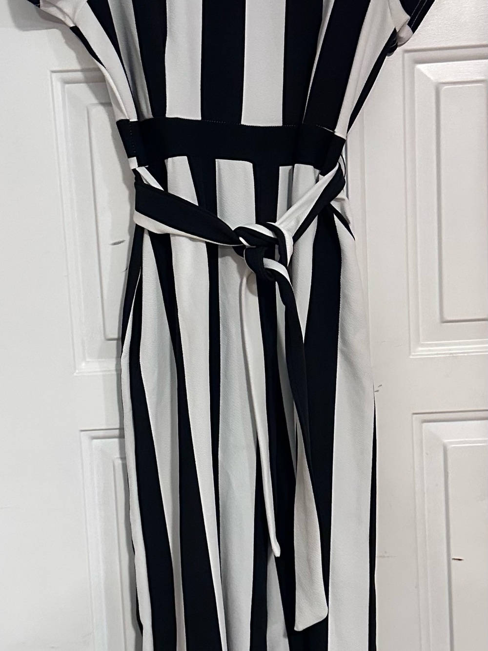Boohoo Black & White Vertical Stripe Tie-Waist Jumpsuit